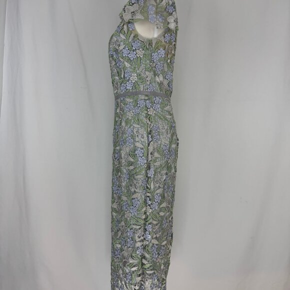 Marchesa Notte Ice Bell Bloom Sheath Crochet Overlay Dress Muted Blue 6 Small - Picture 7 of 16